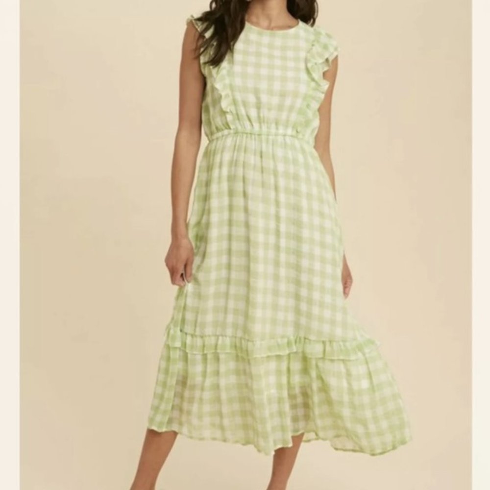 NWOT In Loom Green Gingham Midi Dress Size Medium